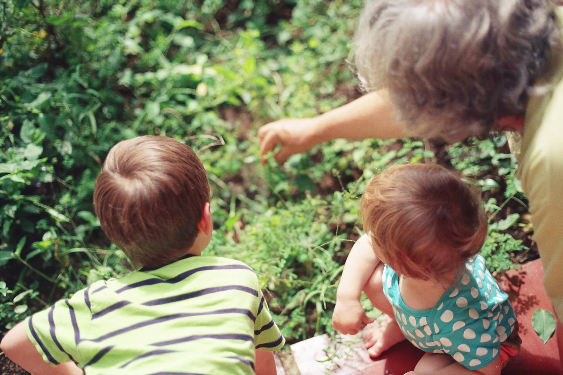 A child looking at a baby

            Description automatically generated